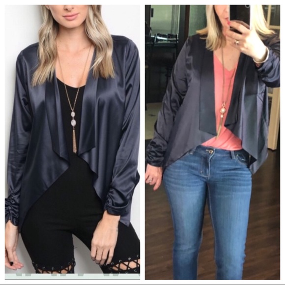 Satiny navy blue cropped high low blazer - Picture 4 of 8